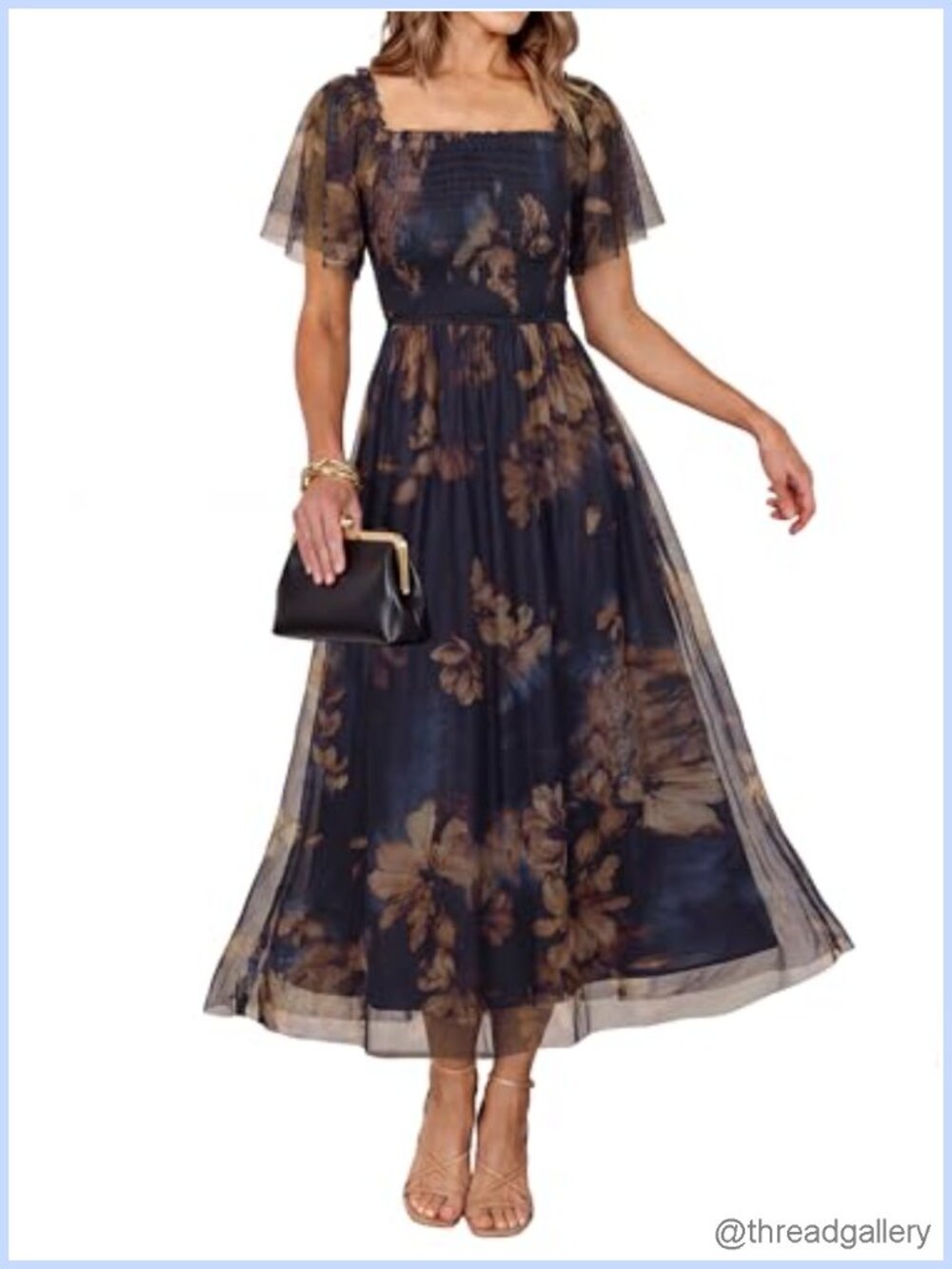 Women's Floral Mesh Maxi Dress Square Neck Smocked A-Line Boho Wedding Guest
